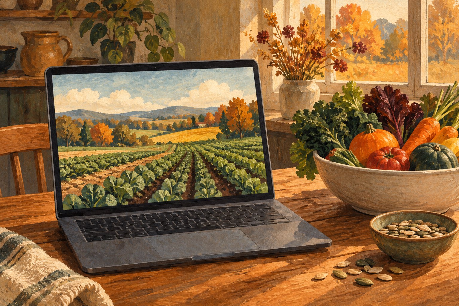 Illustration of a laptop displaying farmland beside vegetables and seeds on a sunlit kitchen table.