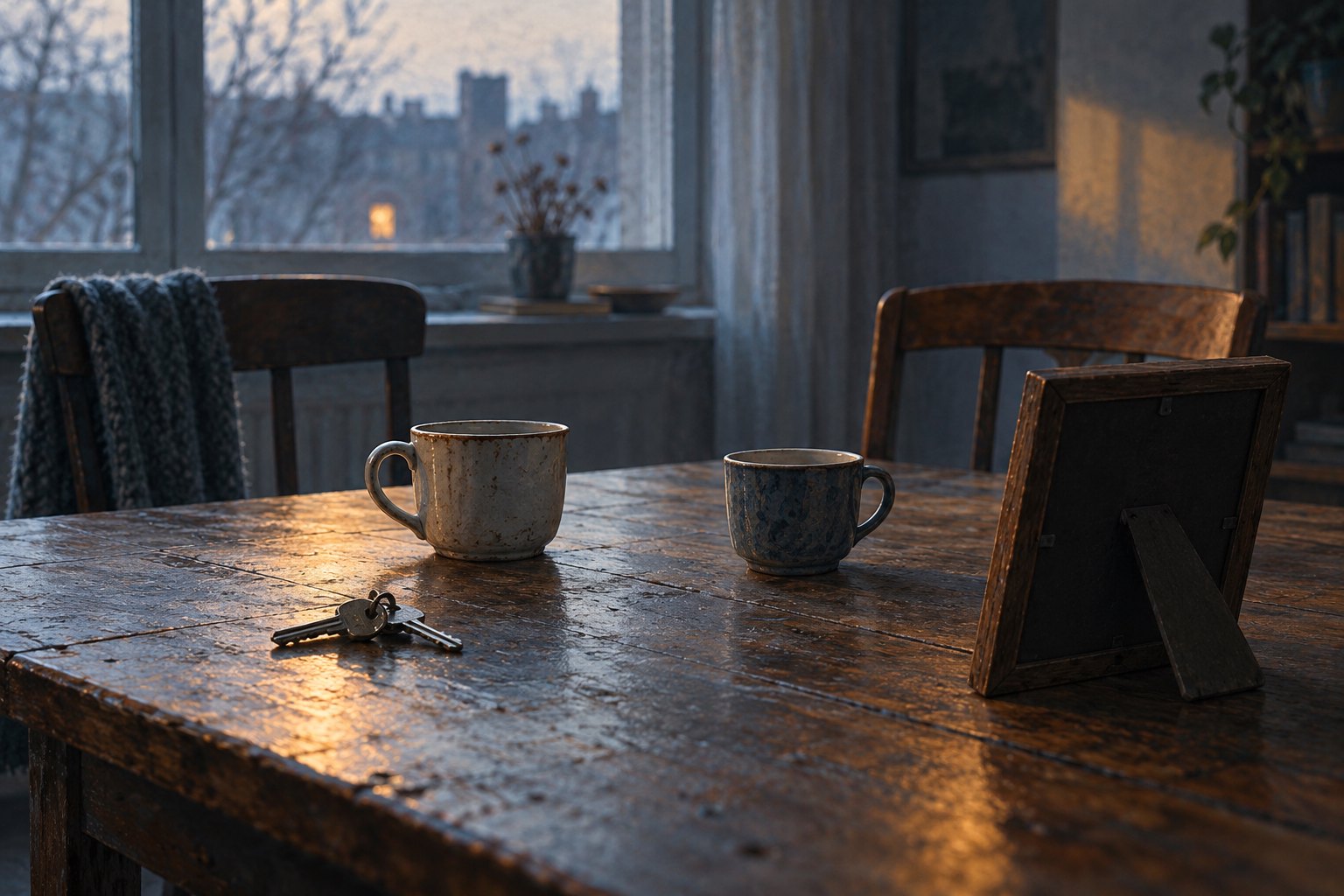 Conceptual illustration of keys, two ceramic cups, and a backward-facing picture frame on a worn table beside empty chairs.