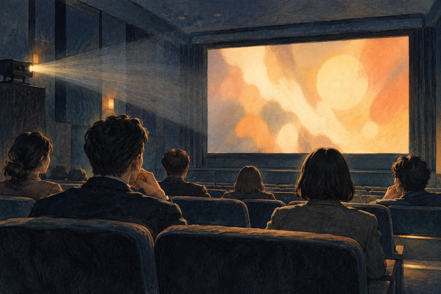 观众在蓝灰色放映室内望向暖色银幕的概念插画,非活动现场