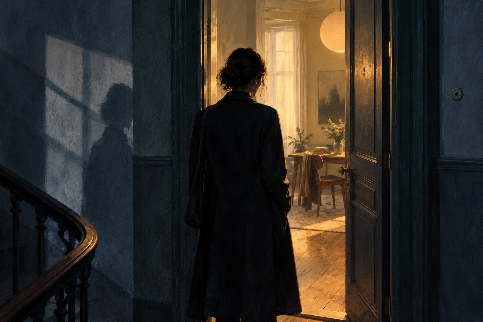 Conceptual illustration of a woman standing in a dark hallway outside a warmly lit apartment.