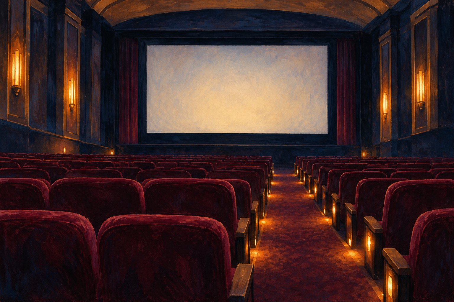 Conceptual illustration of an empty cinema with burgundy seats, a blank screen, and softly illuminated aisles.