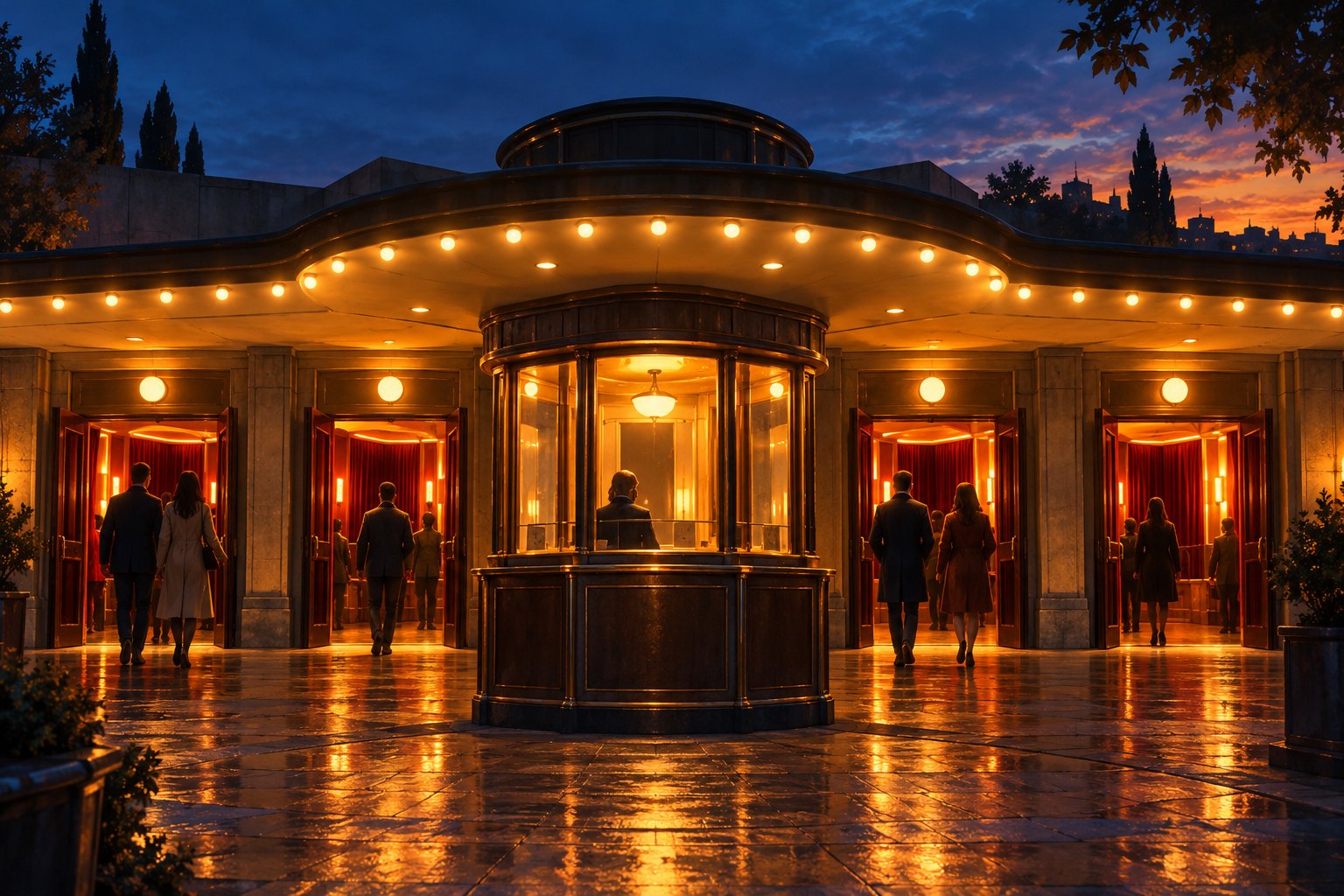 Illustration of moviegoers entering four warmly lit cinema doorways around a central ticket booth at dusk.