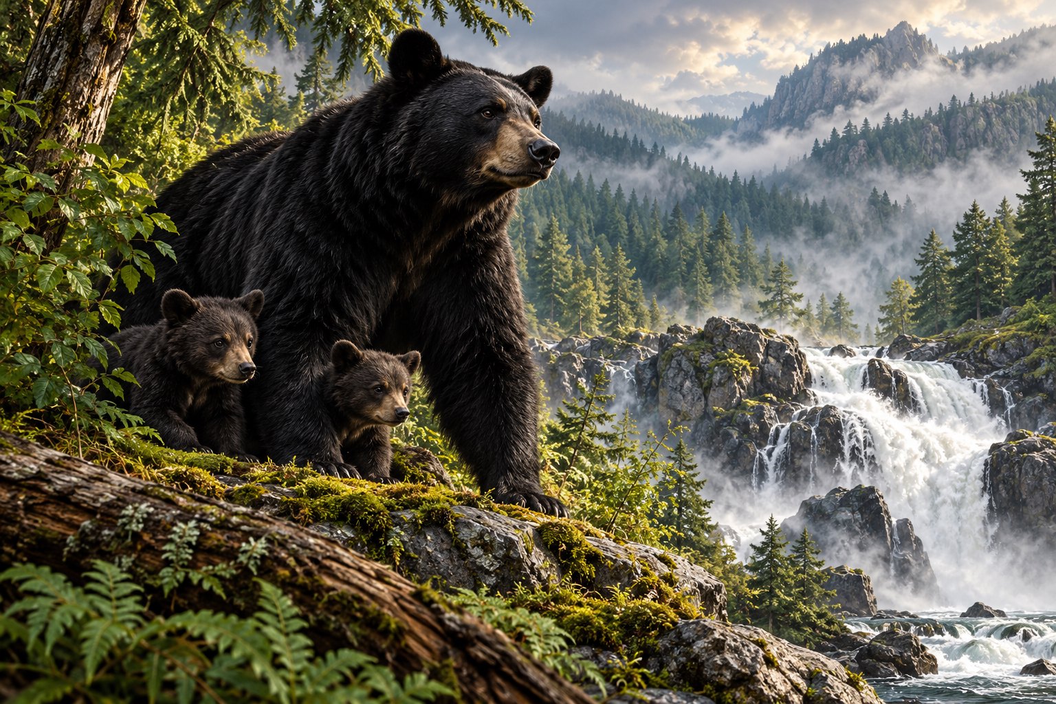 Original illustration of a black bear and two cubs beside a misty forest waterfall.