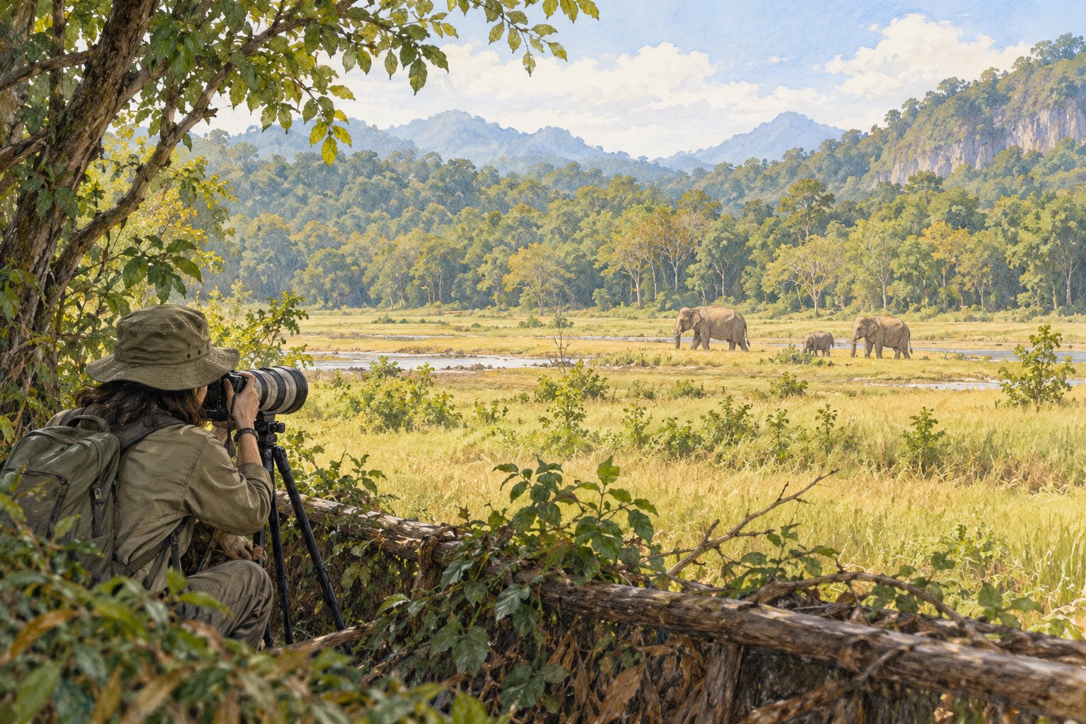 摄影者在林缘使用长焦镜头远距离观察象群,主题插画,非影片拍摄现场