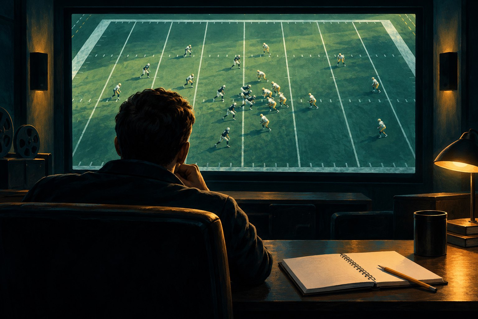 Illustration of an analyst studying a wide view of a football field on a screen in a dim room.