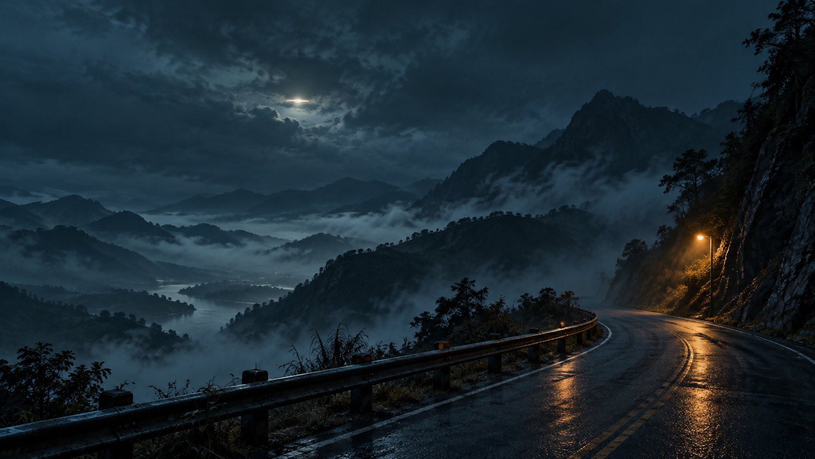 霧氣籠罩的夜間山路上方出現不明亮光,呈現未知與疑案氛圍的概念插畫,非電影劇照