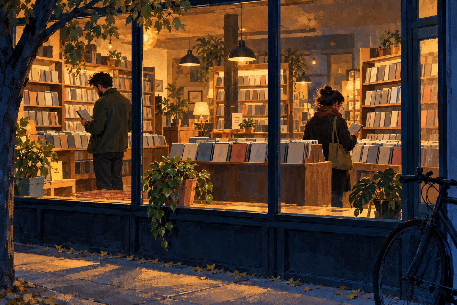 Conceptual illustration of two people browsing a warmly lit movie shop viewed through its front window at dusk.