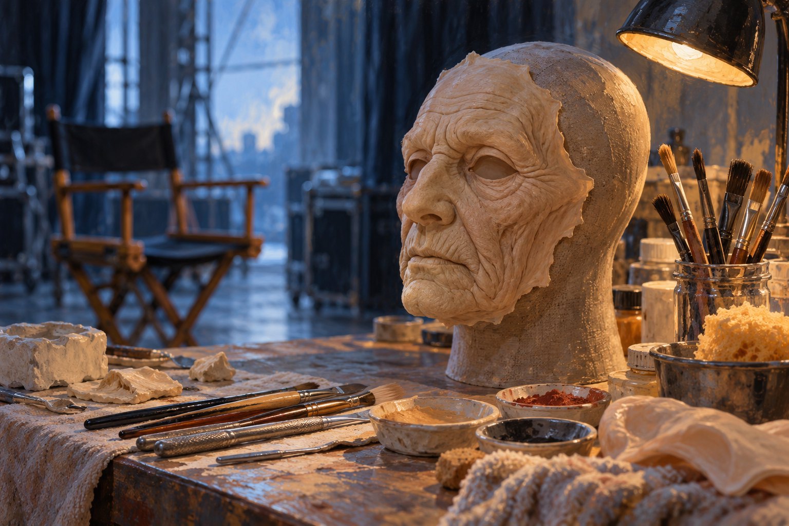 Conceptual illustration of an elderly face prosthetic, sculpting brushes, and pigment dishes on a theatrical makeup workbench.