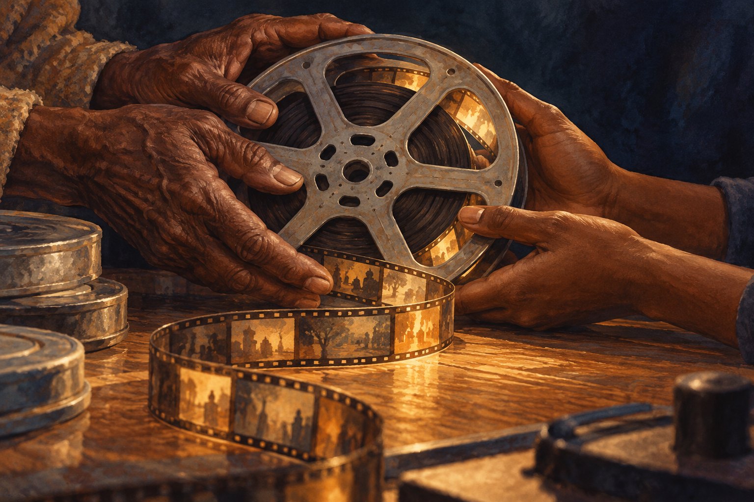 Symbolic illustration of older and younger hands supporting a film reel above a wooden editing desk.