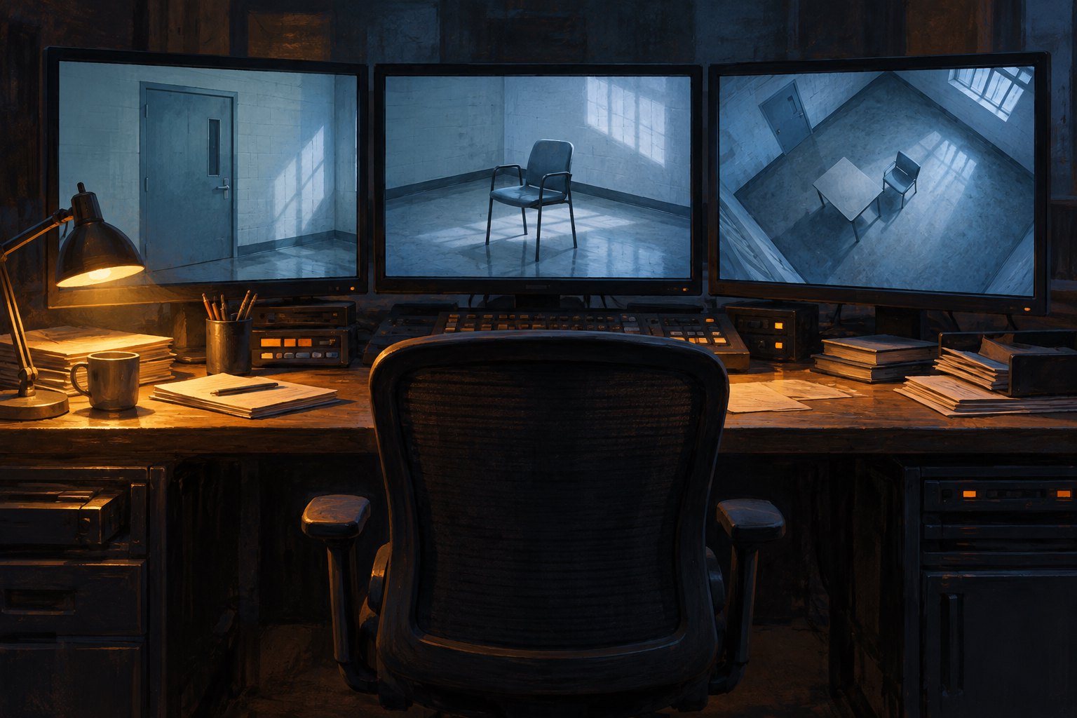 Conceptual illustration of an empty editing chair facing three monitors showing different views of an institutional room.