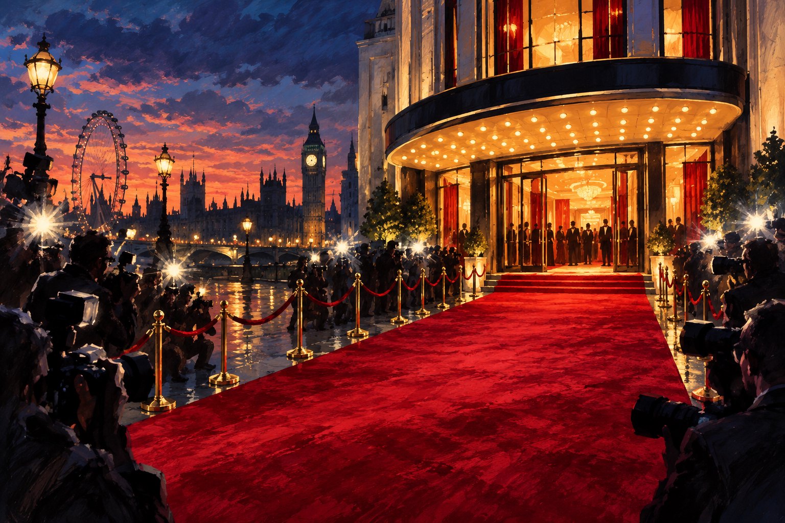 Editorial illustration of a crimson carpet leading toward a glowing cinema entrance, framed by photographers and velvet ropes.