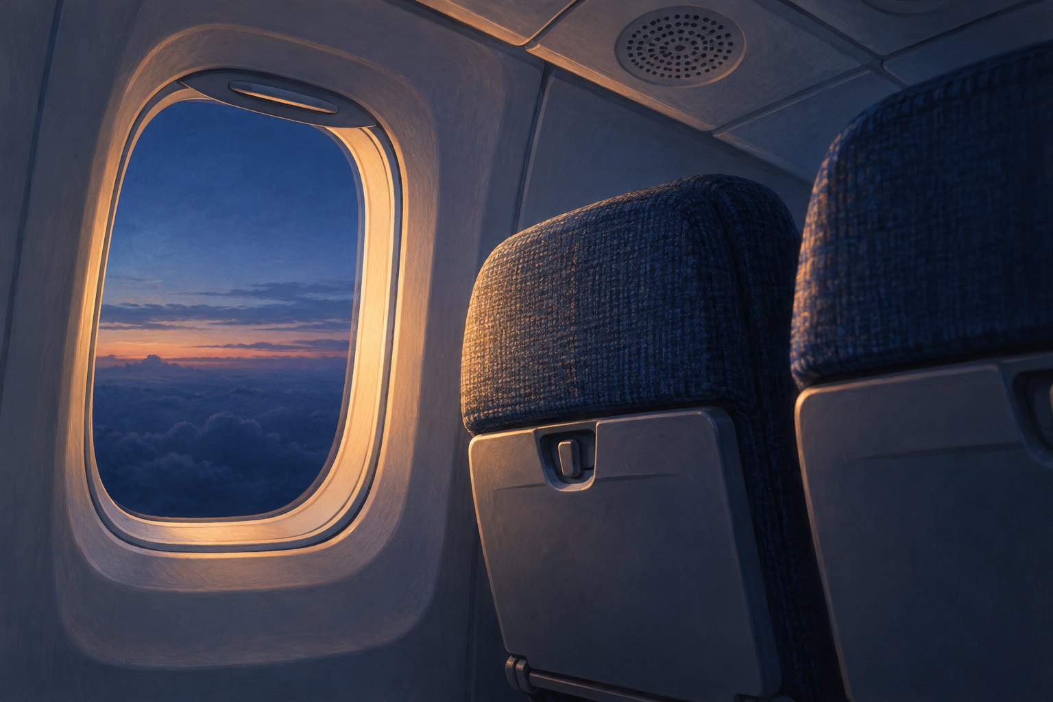 Conceptual illustration of airplane seat backs beside a dusk-lit window, with a speaker grille overhead.