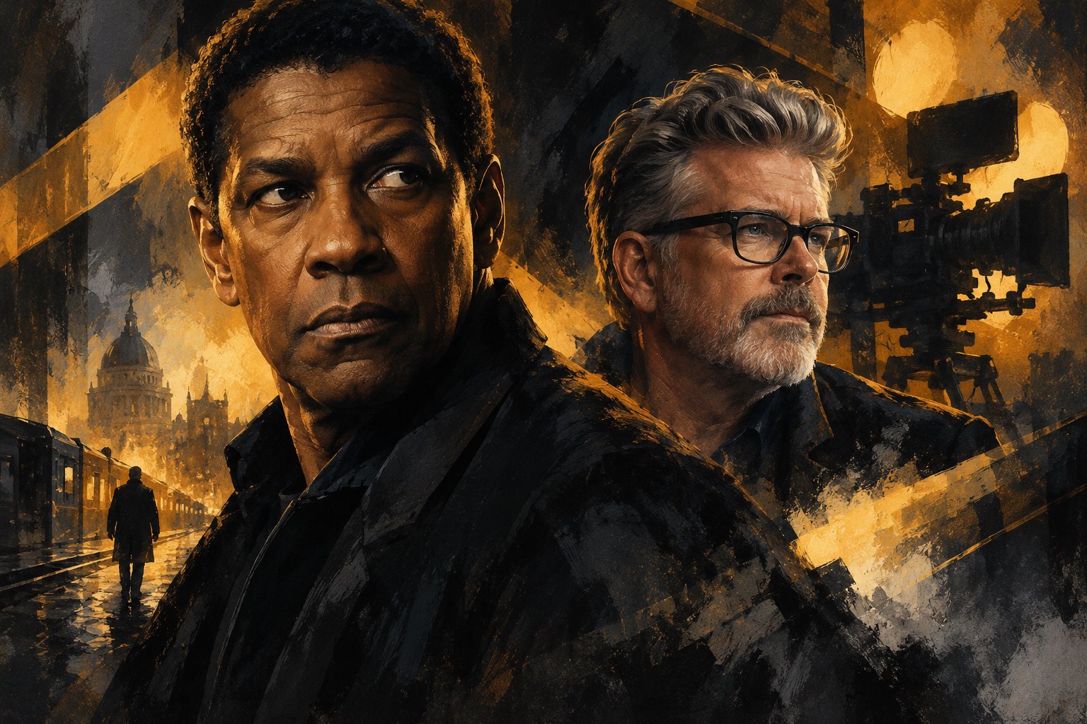 Painterly portraits of Denzel Washington and Christopher McQuarrie against dramatic amber and charcoal cinematic lighting.