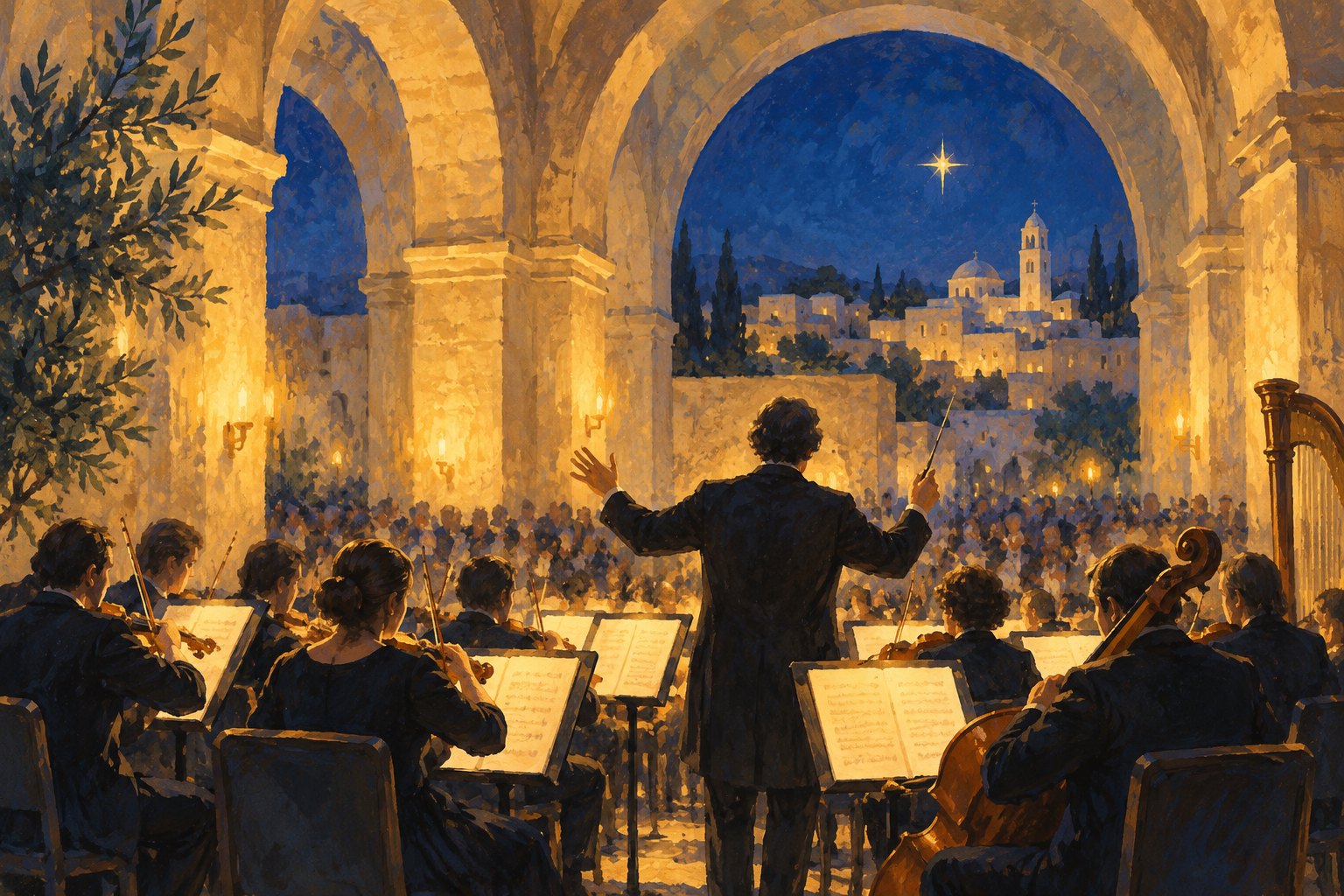 Conceptual illustration of a conductor and orchestra beneath warm stone arches, facing a softly depicted audience.