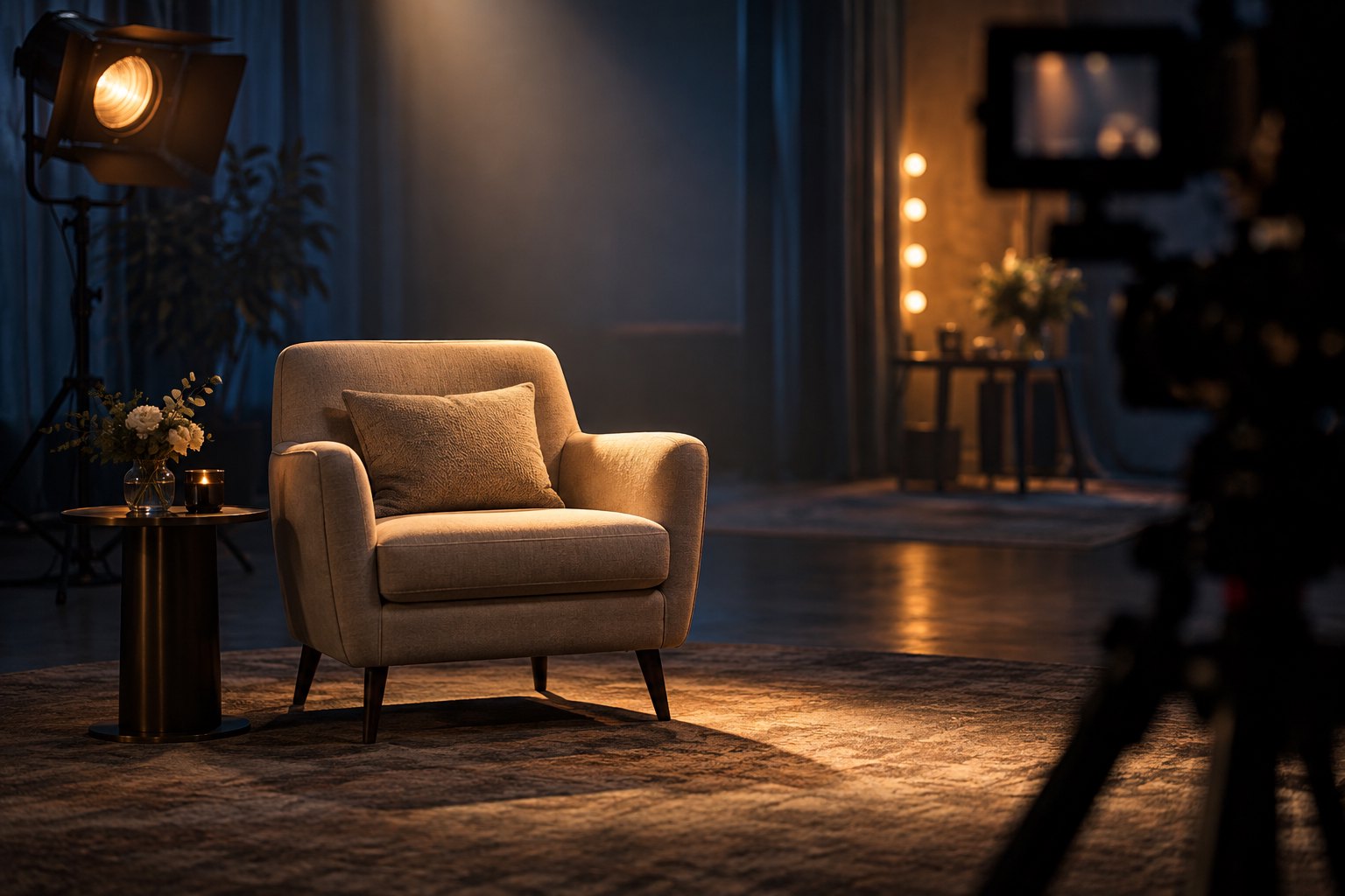 An empty interview chair under warm studio lighting, with a camera silhouetted in the foreground.