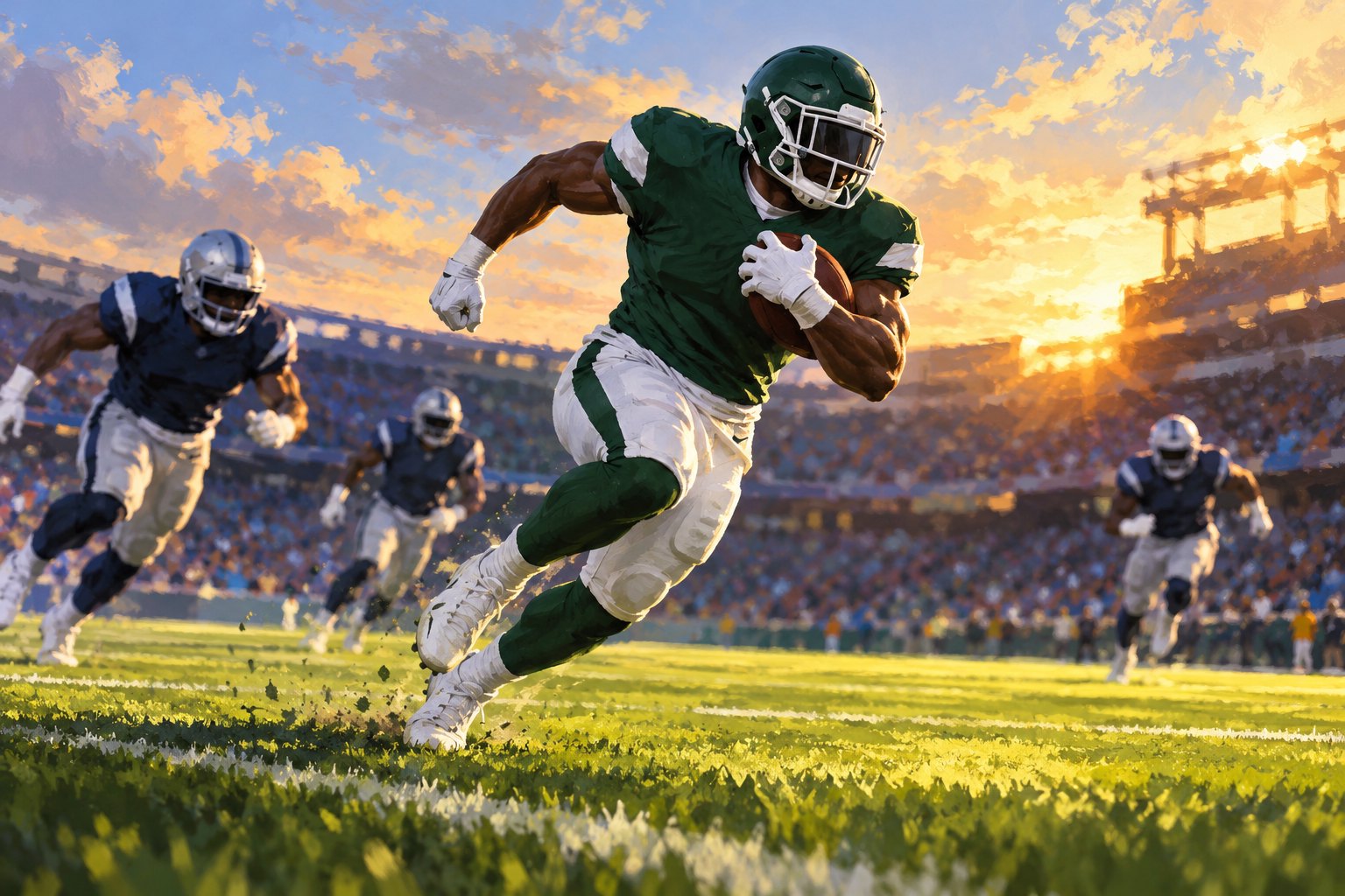Conceptual illustration of a football runner in green and white accelerating past navy-clad defenders in golden stadium light.