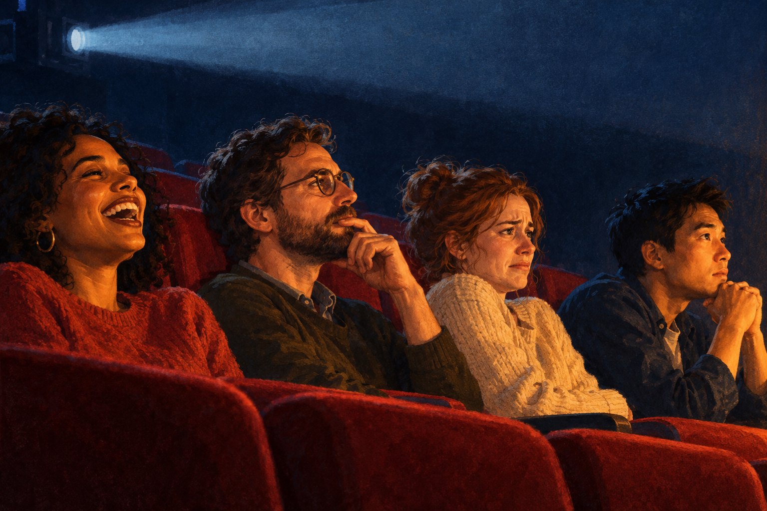 Editorial illustration of four moviegoers reacting with laughter, thoughtfulness, discomfort, and concentration beneath a projector beam.