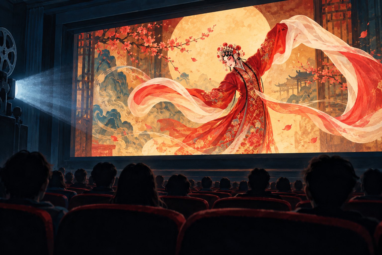 概念插画:影院观众望向银幕,红衣戏曲演员的水袖与放映光交相映照