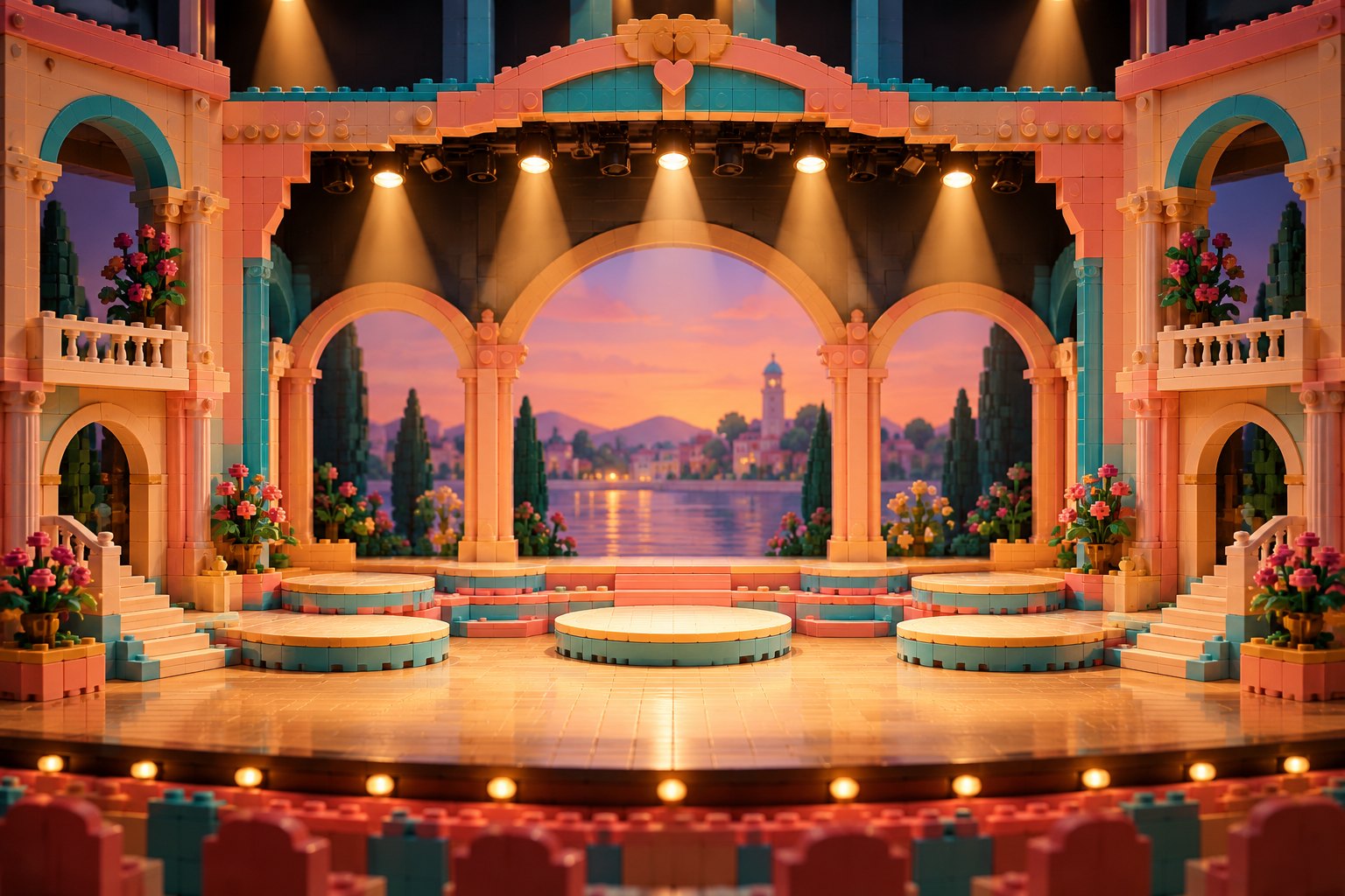 Conceptual illustration of a colorful toy-brick theater with pastel arches and warm stage lighting.