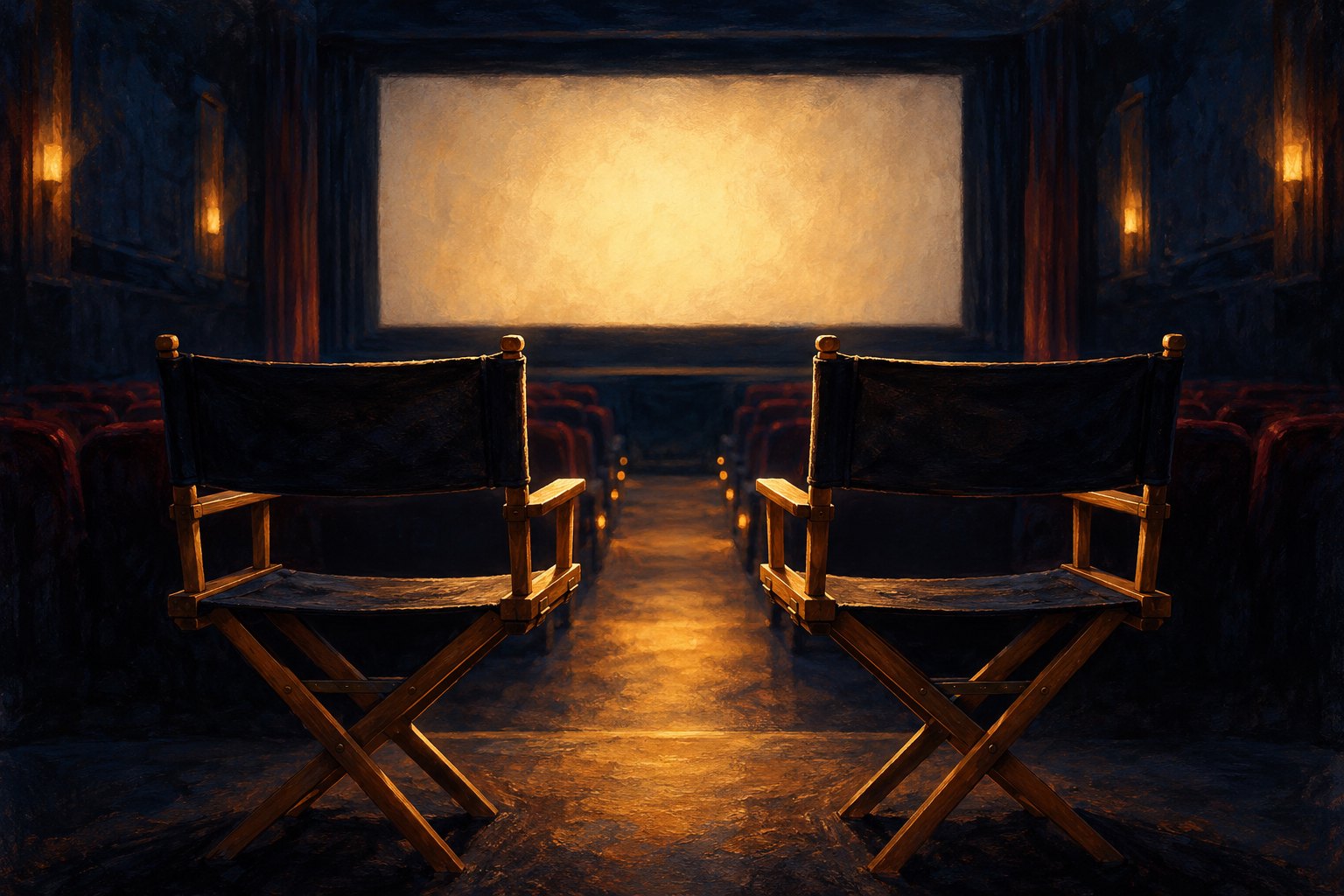 Symbolic illustration of two empty director chairs facing a glowing cinema screen.