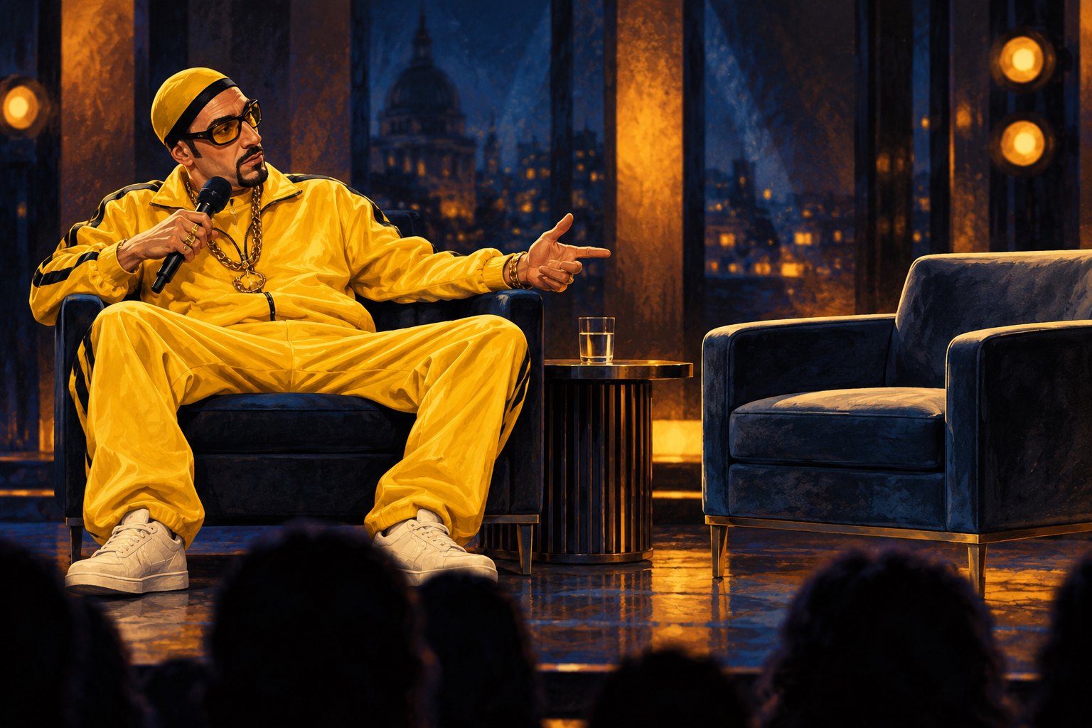 Editorial illustration of Ali G in yellow holding a microphone opposite an empty chair on a dramatically lit interview stage.
