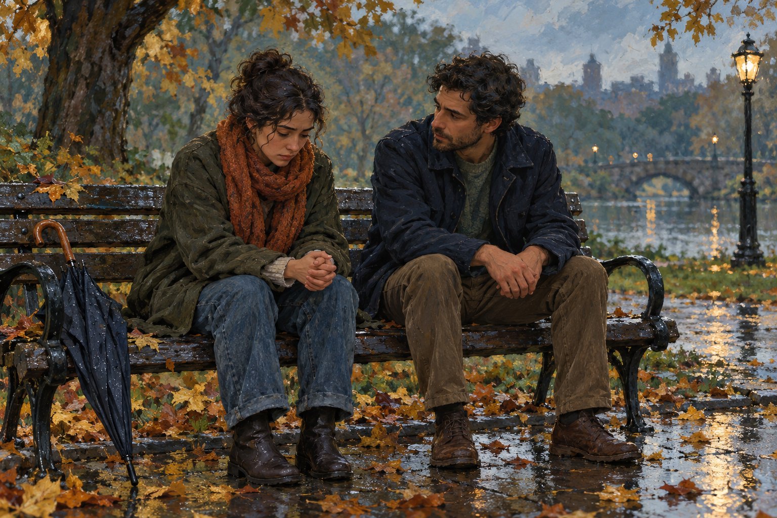 An illustrated woman sits with clasped hands on a rain-soaked park bench while a friend listens beside her.