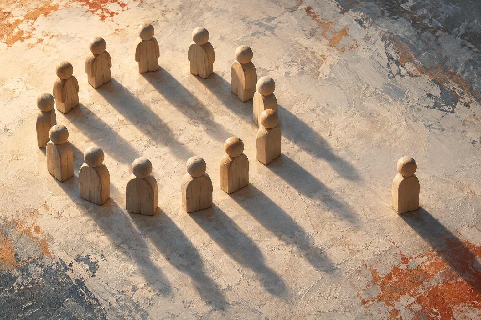 Conceptual illustration of one wooden figure standing apart from a circle of wooden figures casting long shadows.