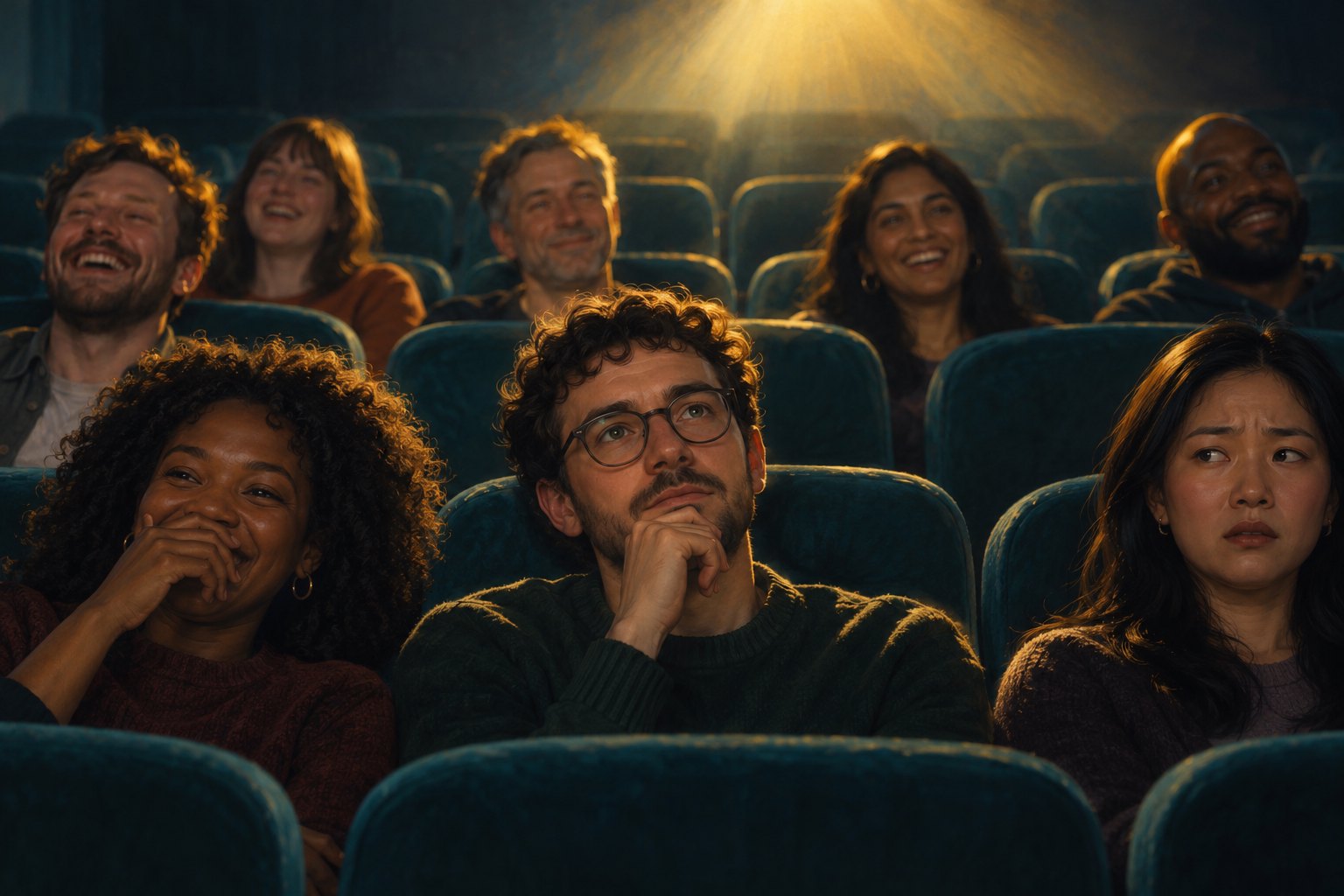 Painterly illustration of a movie audience reacting with laughter, thoughtfulness, and unease.