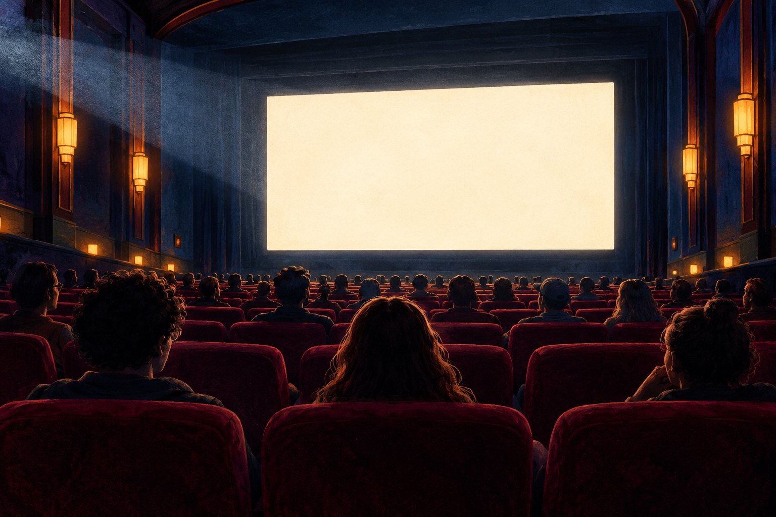 Illustration of moviegoers facing a glowing blank screen in a warmly lit cinema.