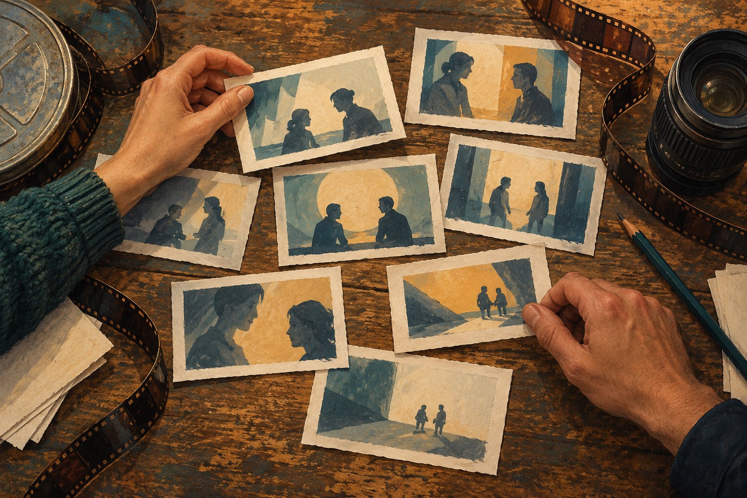 Conceptual illustration of hands arranging wordless storyboard images beside film strips and a camera lens on a wooden table.