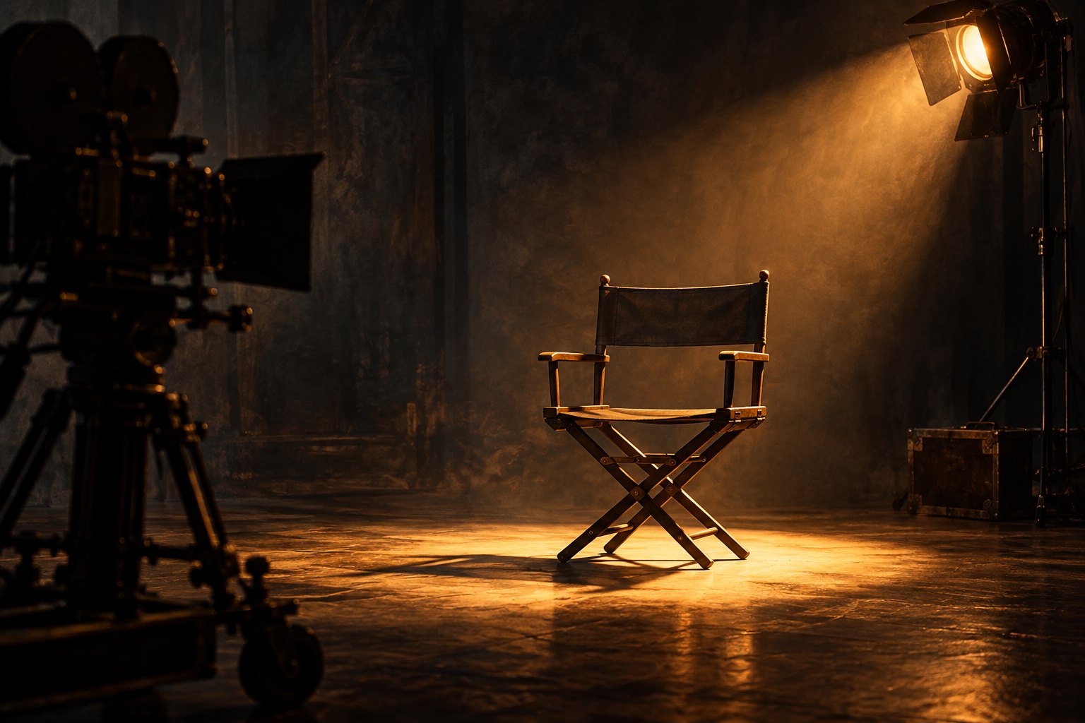 Conceptual illustration of an empty actor’s chair under an amber spotlight beside a silhouetted movie camera.