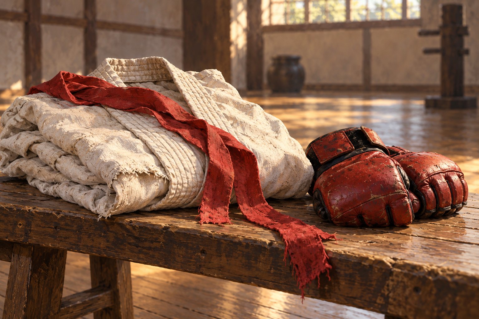 Painterly still life of a worn white martial arts gi, red headband, and scuffed red gloves on a wooden training bench.