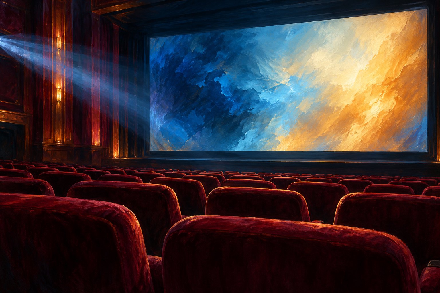 Painterly illustration of empty burgundy theater seats facing a screen glowing with abstract blue and amber light.