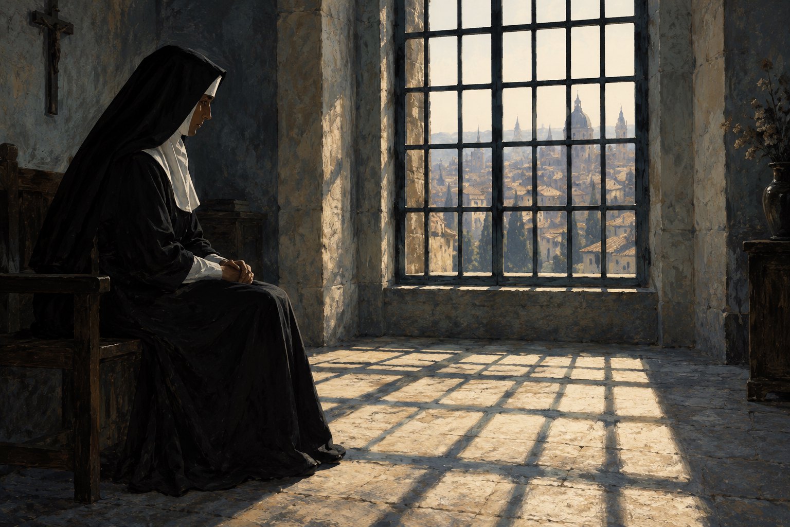 Symbolic illustration of a nun seated beside a barred convent window, with a distant city beyond and grid-shaped shadows across the floor.