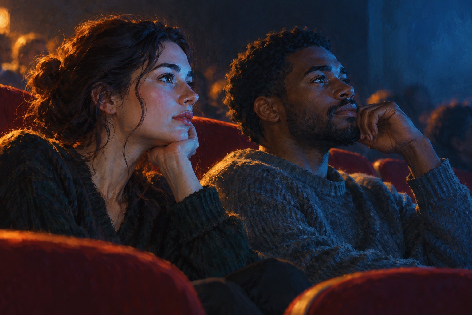 Painterly illustration of two thoughtful audience members watching an unseen screen in blue and amber light.