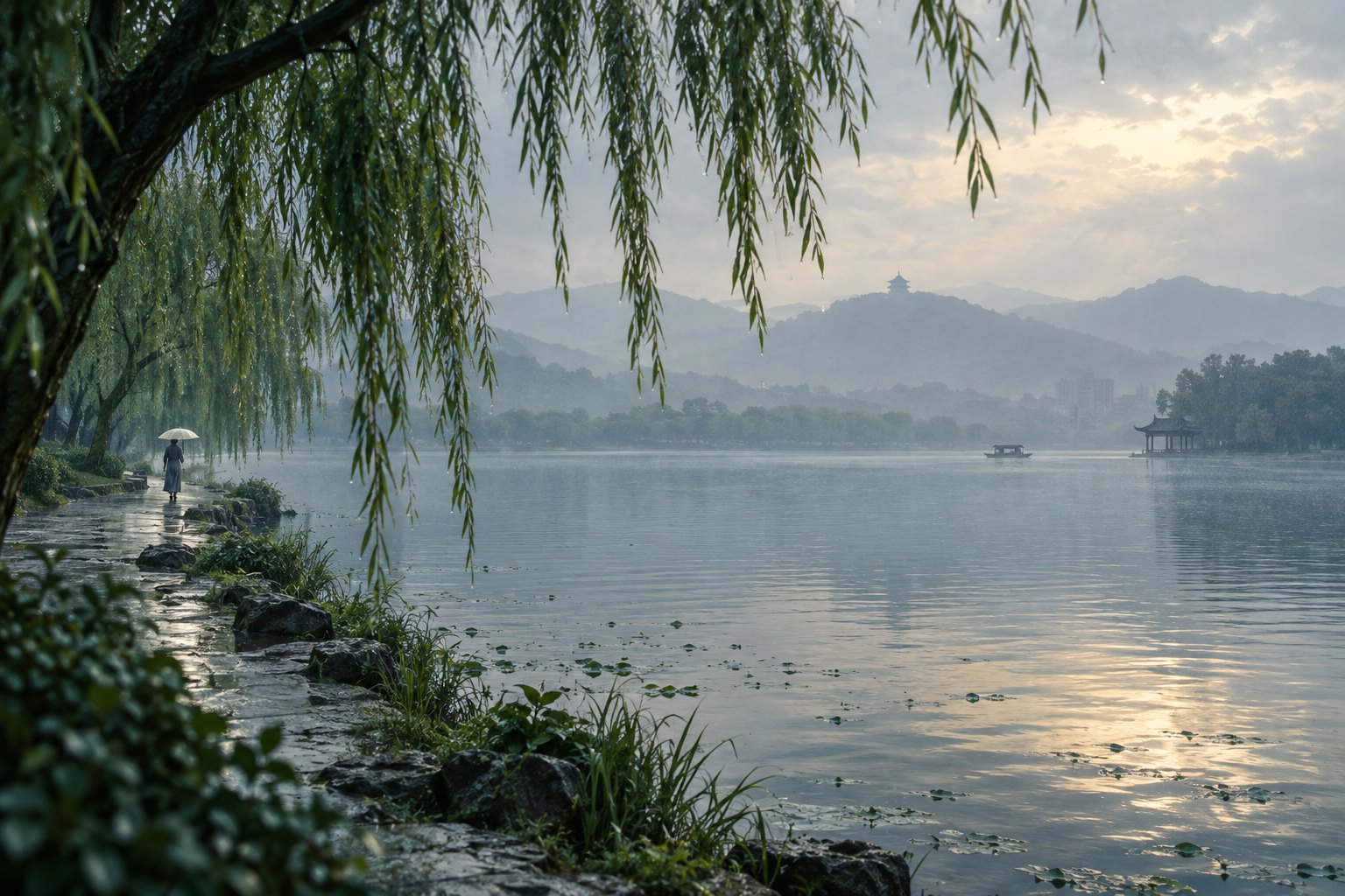 杭州湖岸意象插画:柳枝垂落,撑伞行人沿水边缓行,远山与湖面在柔光中展开