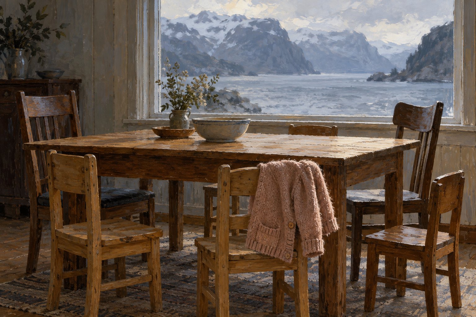 Conceptual illustration of empty chairs around a wooden dining table, with a child's cardigan overlooking a fjord.