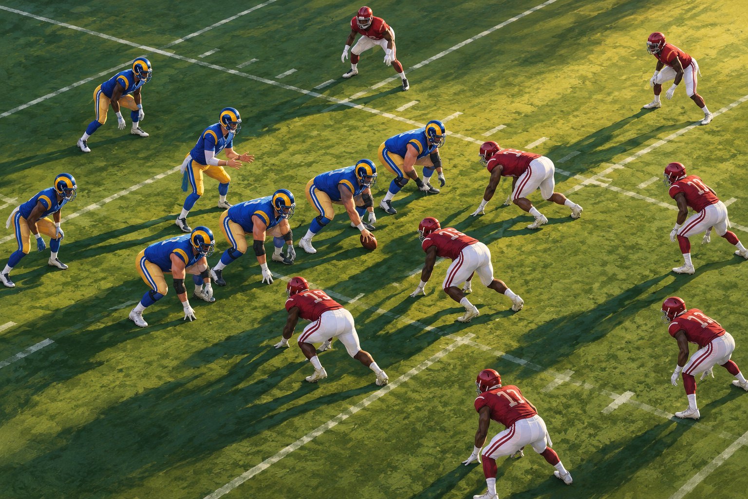 Painterly illustration of football players in blue and gold facing crimson-clad defenders before the snap.