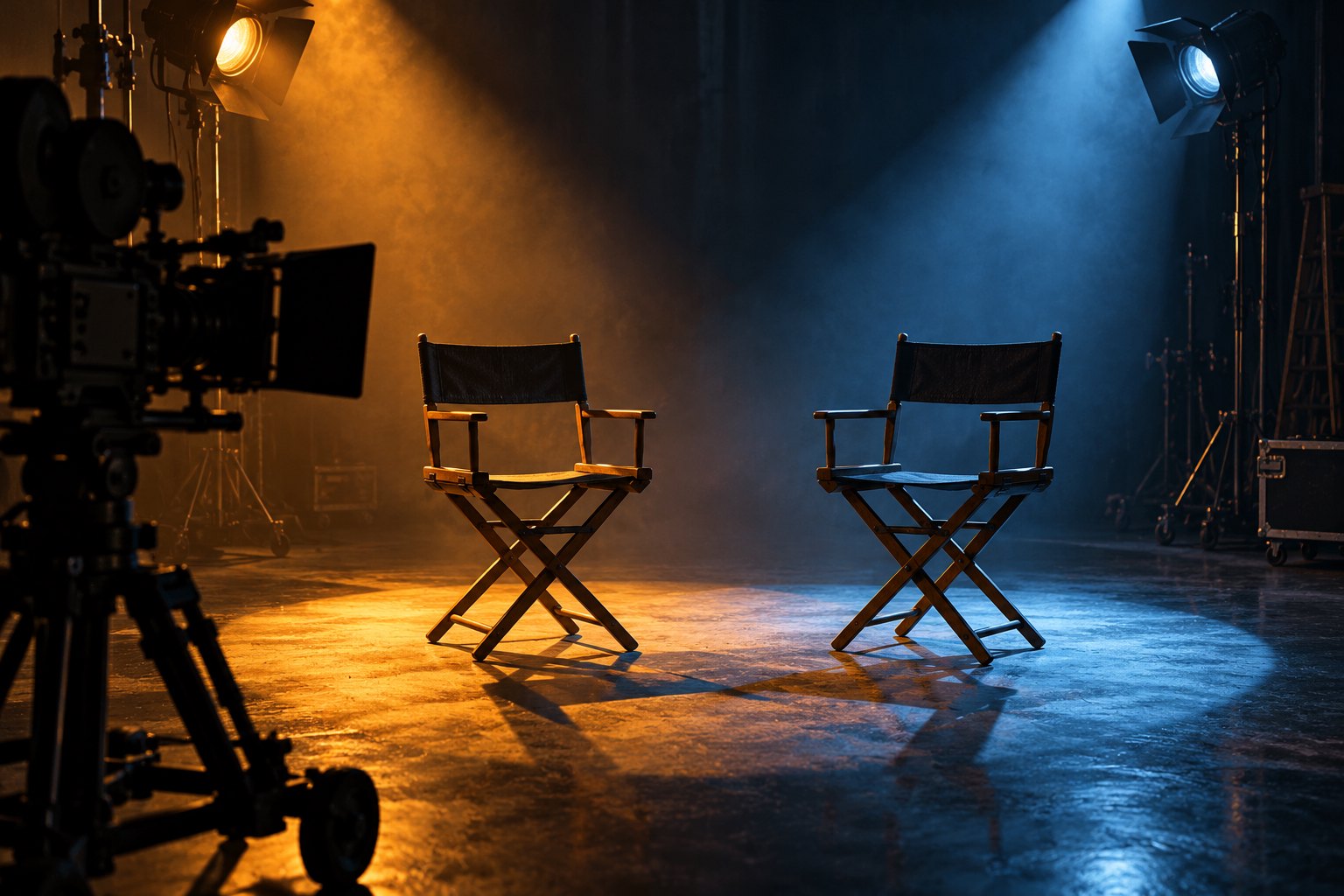 Conceptual illustration of two empty actors’ chairs under amber and blue lights, with a movie camera in the foreground.