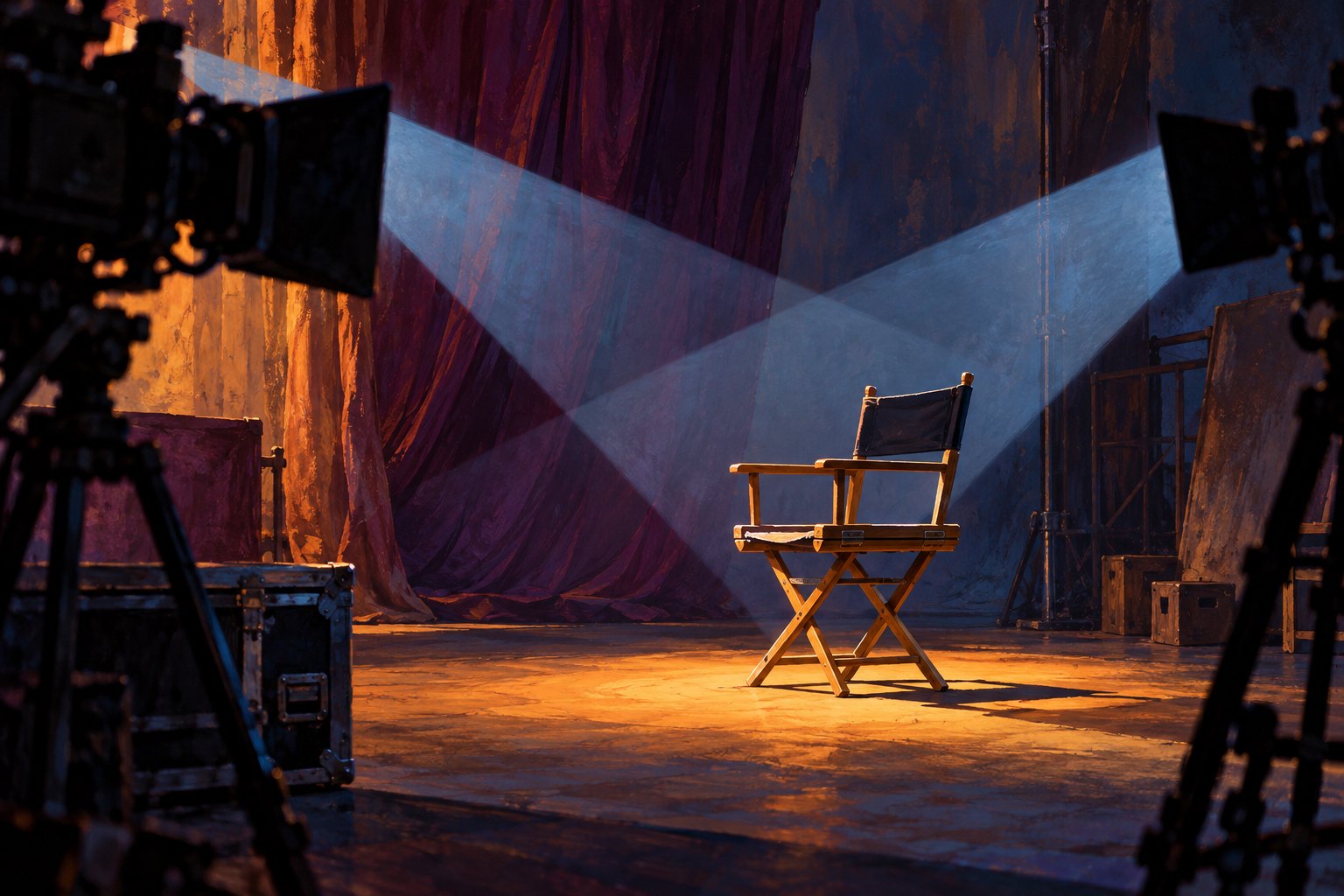 Conceptual illustration of an empty wooden chair illuminated by intersecting blue beams and warm light on a film set.