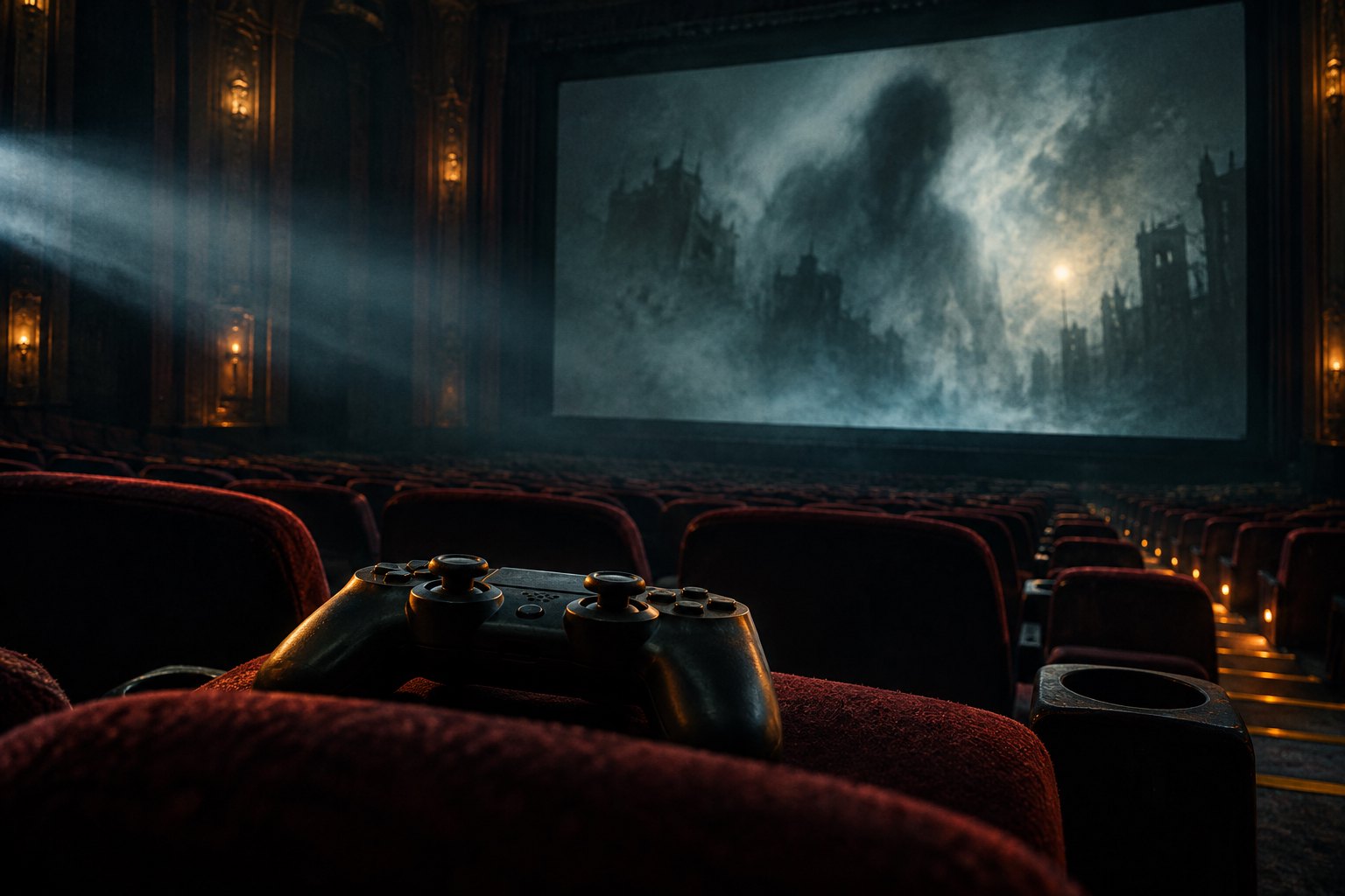 Conceptual illustration of a game controller in an empty movie theater facing a screen filled with ominous shadows.