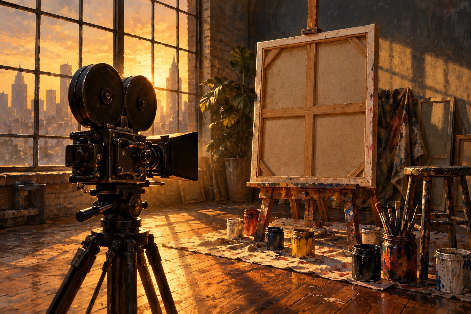 Conceptual illustration of a vintage movie camera facing an easel and the back of a canvas in a warmly lit artist’s loft.