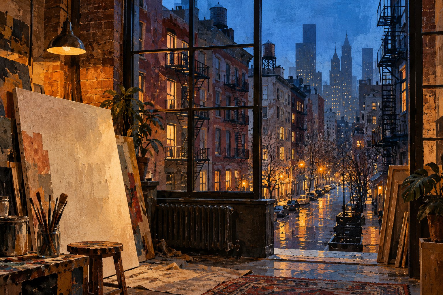 Conceptual illustration of an artist’s loft opening onto a New York street at dusk, with canvases, brick buildings, and fire escapes.