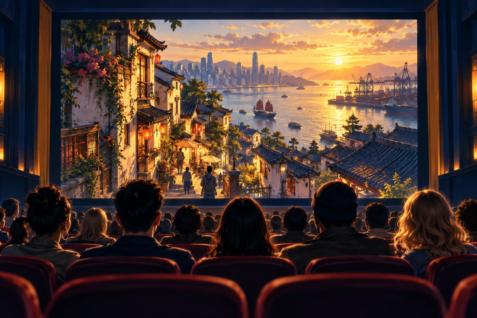 原创插画:观众坐在影院中,观看融合中国街巷与港口景观的银幕画面