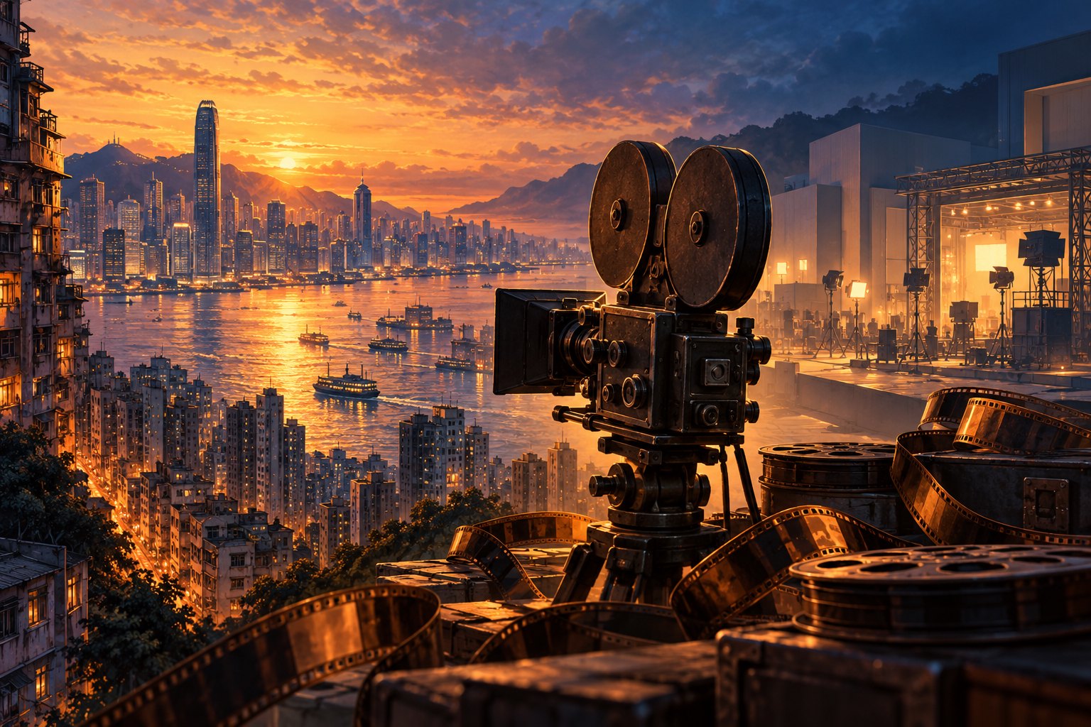 老式电影摄影机与胶片卷映衬夕阳下的香港海港及现代摄影棚概念画面