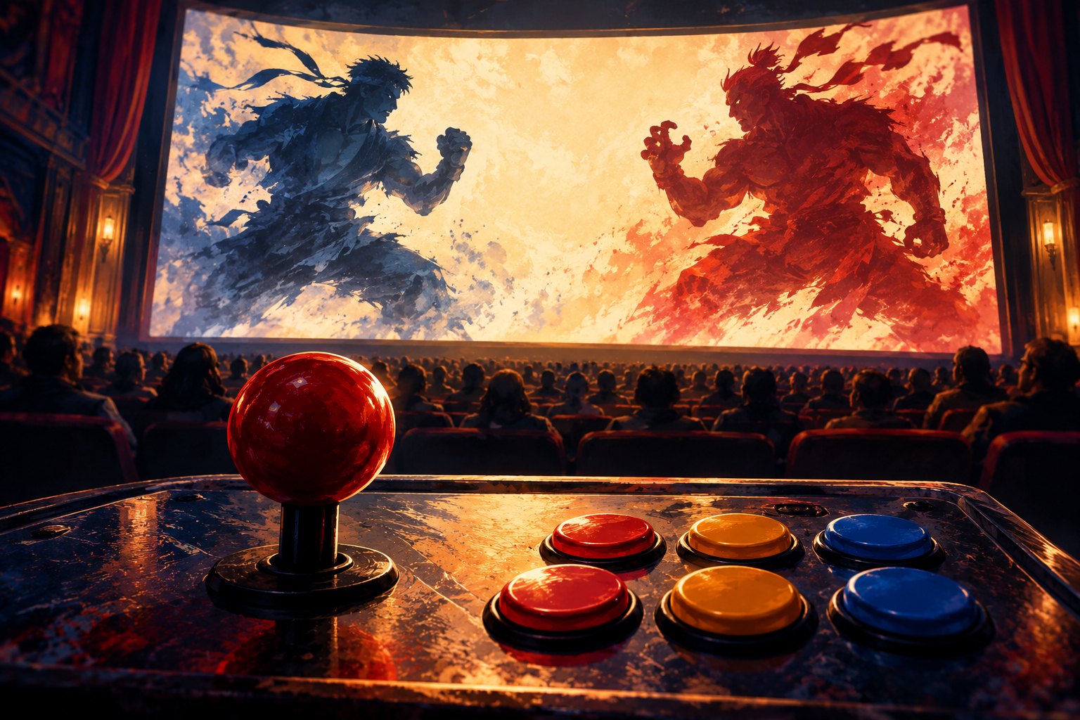 Conceptual illustration of an arcade controller facing a cinema screen with two opposing martial artist silhouettes.