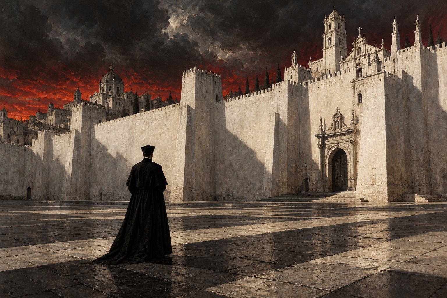 Symbolic illustration of a solitary priest facing towering pale city walls beneath a dark red storm sky.
