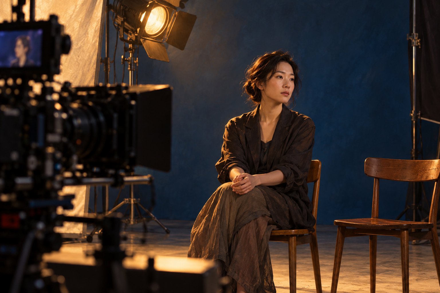 摄影机对准坐在木椅上的虚构女性演员,侧光照亮人物的表演观察概念配图,非影片剧照