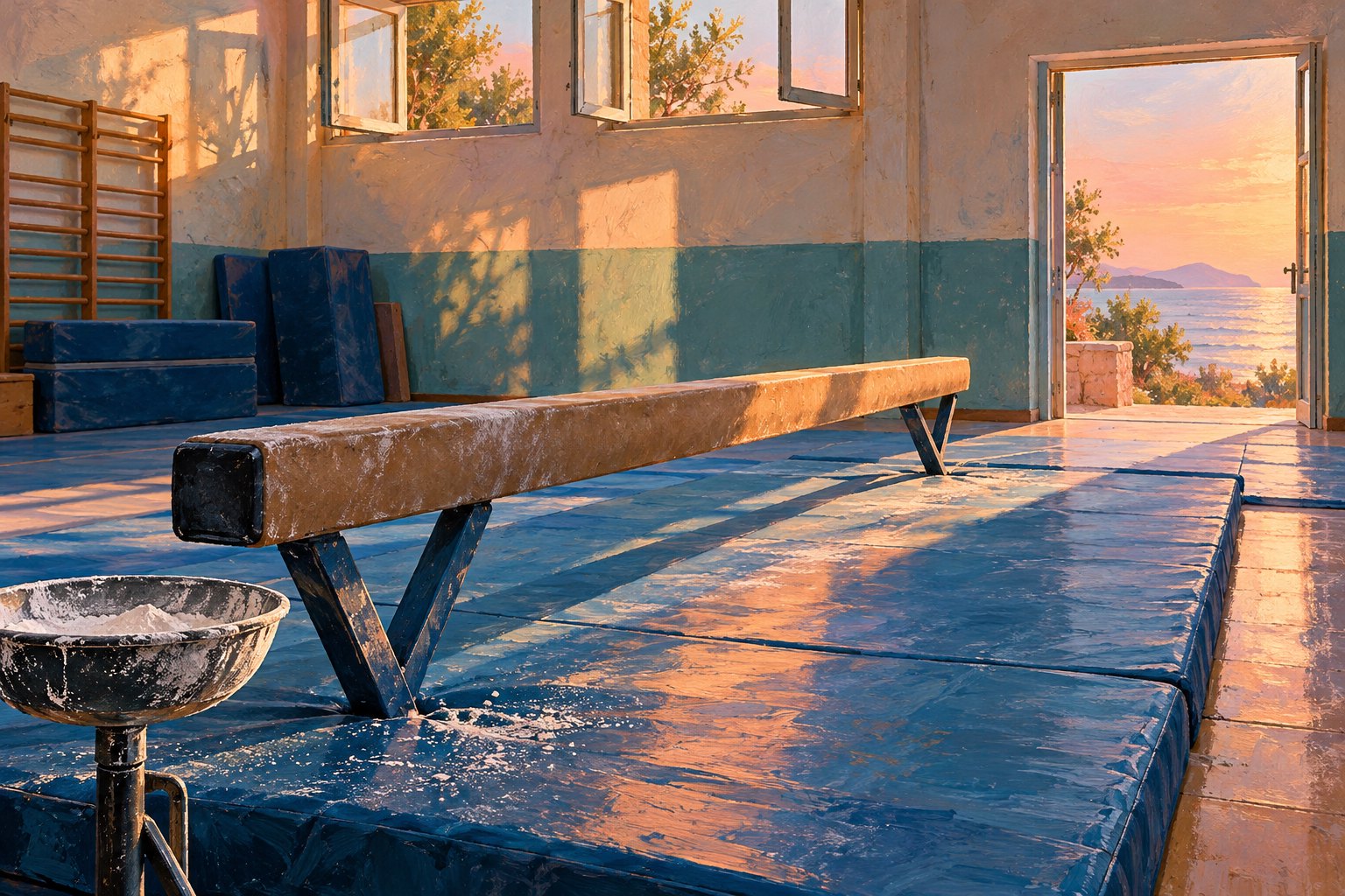 Conceptual illustration of an empty gymnastics room with a balance beam, blue mats, and an open doorway overlooking the sea.