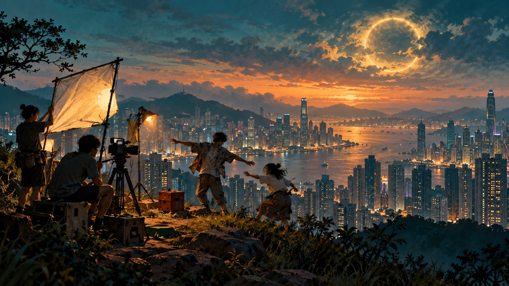 小型攝影團隊在城市山坡架設器材，暮色天空浮現環形光影的概念插畫，非電影劇照